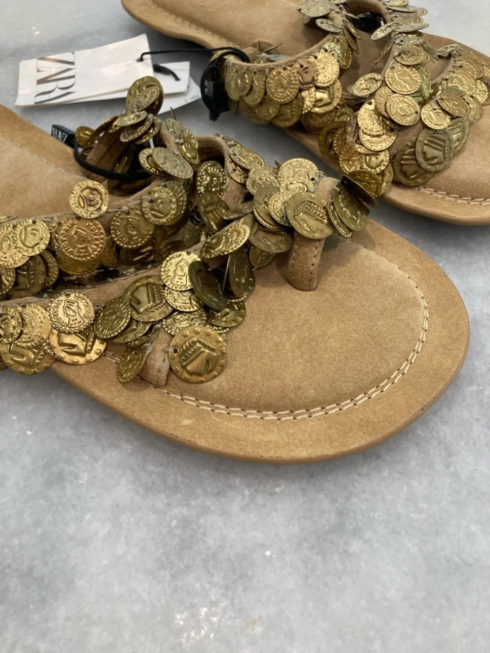ZARA Gold Coin Suede Sandals NWT - Picture 2 of 9
